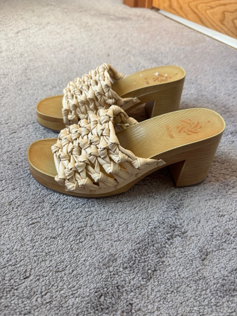 Sam & Libby Woven Slide Sandals Wooden Block Heel Boho Mule Slip On SIZE 9